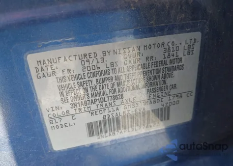 2013 Nissan Sentra Sr from USA, damaged, VIN 3N1AB7AP1DL778628